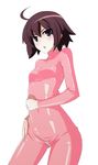  ahoge bodysuit breasts brown_hair hand_on_own_stomach highres latex linne pink_bodysuit purple_eyes sai_(bankoru) short_hair small_breasts solo under_night_in-birth wide_hips 