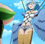  2girls bdsm blue_hair bondage bound breasts crotch_rope harpy highres monster_girl monster_musume_no_iru_nichijou multiple_girls papi_(monster_musume) shibari short_hair shorts sky small_breasts solo_focus stitched tied tied_up wings yellow_eyes 