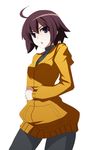  ahoge bike_shorts breasts brown_hair highres hood hoodie linne orange_shirt pantyhose purple_eyes sai_(bankoru) shirt short_hair small_breasts solo under_night_in-birth wide_hips 