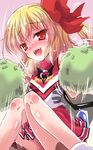  alternate_costume blonde_hair blush bow cheering cheerleader flandre_scarlet hair_bow implied_sex knees_together_feet_apart looking_at_viewer open_mouth pom_poms red_eyes shirt side_ponytail sitting skirt smile solo sweat touhou yamu_(reverse_noise) 