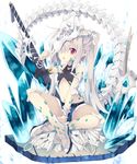  belt bone crossed_legs crystal detached_sleeves long_hair midriff nibiiro_shizuka open_mouth original pointy_ears ponytail red_eyes shoes shorts silver_hair sitting skull slit_pupils solo spread_legs sword tail weapon 