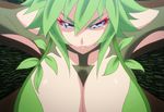  1girl angry blue_eyes breasts cleavage dryad female green_hair kii_(monster_musume) large_breasts leaf long_hair monster_girl monster_musume_no_iru_nichijou screencap simple_background solo stitched 