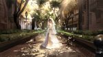  blue_eyes bridal_veil brown_hair bug butterfly dress gloves highres insect lamppost original red_flowers smile solo tree veil wedding_dress white_gloves 