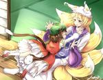  animal_ears blonde_hair brown_hair cat_ears cat_tail chen closed_eyes dress fox_tail hat imminent_hug jumping leglus long_sleeves mob_cap multiple_girls multiple_tails nekomata open_clothes open_dress outstretched_arms pillow_hat red_dress shirt shoes signature sitting smile socks tabard tail tassel tatami touhou veranda white_dress wide_sleeves yakumo_ran yellow_eyes 