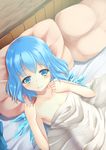  armpits blue_eyes blue_hair blush cirno commentary_request hand_on_own_chest hand_on_own_shoulder indoors kirimori_toya looking_at_viewer lying naked_sheet on_back on_bed pillow short_hair smile solo touhou under_covers wings 