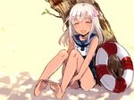  ^_^ barefoot blush closed_eyes flower hair_flower hair_ornament kantai_collection long_hair open_mouth ro-500_(kantai_collection) school_uniform sitting solo swimsuit swimsuit_under_clothes tan_(tangent) white_hair 