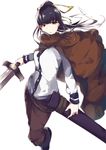  black_eyes black_hair cape long_hair miya_ur narberal_gamma overlord_(maruyama) ponytail solo sword unsheathed weapon 