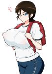  1girl ? backpack bag blue_eyes blush breasts brown_hair cube_(huidama) erect_nipples girls_und_panzer huge_breasts looking_at_viewer nonna randoseru simple_background solo standing white_background 