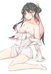  arm_support bad_id bad_pixiv_id black_hair blush breasts cleavage collarbone covering covering_breasts full_body kantai_collection large_breasts leaning_back long_hair looking_at_viewer multicolored multicolored_eyes multicolored_hair naganami_(kantai_collection) naked_shirt off_shoulder parted_lips pink_hair purple_eyes sayaka_(lamentoso) shirt simple_background solo two-tone_hair white_background white_shirt yellow_eyes 
