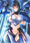  breasts female gradient gradient_background haganef large_breasts mecha_musume smile solo sword 