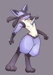  2015 anthro canine digitigrade eyes_closed grey_background leaning leaning_back lucario male mammal miurakaron nintendo pok&eacute;mon simple_background smile solo spikes standing stretching toned video_games 