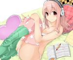  bikini blush boots breasts cleavage commentary_request cross-laced_footwear green_footwear headphones lace-up_boots large_breasts long_hair looking_at_viewer muumuu_(pixiv1111137) navel nitroplus pink_hair red_eyes smile solo super_sonico swimsuit thighhighs 