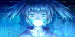  aoiakamaou binary blue_eyes closed_mouth ene_(kagerou_project) facial_mark gradient gradient_background highres honeycomb_(pattern) honeycomb_background kagerou_project looking_at_viewer monochrome short_hair smile solo twintails 
