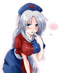  blue_eyes blush braid breasts cross finger_to_mouth hat large_breasts leaning_forward looking_at_viewer silver_hair solo touhou unya white_background yagokoro_eirin 