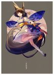  animal_ears blade_&amp;_soul brown_eyes brown_hair detached_sleeves dog_ears fighting_stance guan_tang_baozi hair_ornament highres japanese_clothes kimono large_tail leg_lift legs long_tail lyn_(blade_&amp;_soul) obi open_mouth paws sandals sash short_hair solo sword tail weapon yukata 