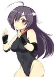  1girl ahoge bare_shoulders black_gloves blush cacaodecocoa female fingerless_gloves gloves headband leotard long_hair looking_at_viewer naeumi_tomono purple_eyes purple_hair ring_dream simple_background solo white_background 