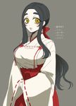  al_bhed_eyes black_hair blush breasts cowboy_shot female_saniwa_(touken_ranbu) grey_background izumi_kikaku japanese_clothes large_breasts light_smile long_hair miko pale_skin ponytail saniwa_(touken_ranbu) sidelocks simple_background touken_ranbu translated venus_symbol yellow_eyes 