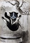  ambiguous_gender barrel black_fur black_pawpads cat disembodied_hand duo falling feline fence feral fur greyscale human license_info louis_wain mammal monochrome open_mouth pawpads public_domain quadruped solo_focus traditional_media_(artwork) tree watercolor_(artwork) whiskers 
