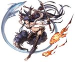  animal_ears barefoot bell black_legwear breasts cleavage dual_wielding erune fire fox fox_ears fox_tail full_body gloves granblue_fantasy groin hair_ornament hitodama holding holding_sword holding_weapon jingle_bell large_breasts long_hair minaba_hideo official_art purple_gloves purple_hair red_eyes smile solo sword tail thighhighs toeless_legwear transparent_background very_long_hair weapon yuel_(granblue_fantasy) 