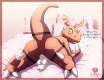 all_fours anus balls bed chicobo digimon english_text guilmon long_foreskin looking_back male male/male on_bed open_mouth penis presenting raised_tail scalie solo text uncut 