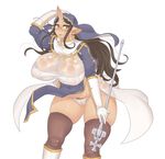  black_hair breasts brown_eyes brown_legwear cameltoe curvy gloves highres horn horns huge_breasts jon_henry_nam long_hair original pubic_hair see-through simple_background solo sweat thick_thighs thighhighs thighs white_background white_gloves 