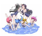  ahoge animal_ears ass assisted_exposure barefoot black_hair blonde_hair blue_hair blush cat_ears fake_animal_ears flat_chest green_eyes hairband headband hyakka_ryouran_samurai_girls kaitou_tenshi_twin_angel kibasen long_hair multiple_girls nagarakawa_shiraku nipples pink_eyes pink_hair purple_eyes red_eyes school_uniform sengoku_otome short_hair swimsuit twin_angel twintails 