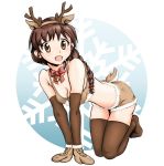  1girl animal_costume animal_ears antlers bell bell_collar blush bra braid breasts brown_bra brown_eyes brown_hair brown_legwear christmas cleavage collar girls_und_panzer gloves highres looking_at_viewer medium_breasts open_mouth ponytail reindeer_antlers reindeer_costume reindeer_ears rukuriri simple_background smile solo tail thighhighs underwear white_background 
