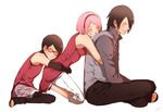  2girls black_hair boruto:_naruto_the_movie closed_eyes family father_and_daughter glasses grin happy haruno_sakura highres hug hug_from_behind mother_and_daughter multiple_girls naruto naruto_(series) pink_hair red-framed_eyewear ryota_(ry_o_ta) short_hair smile uchiha_sarada uchiha_sasuke 