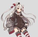  :&lt; amatsukaze_(kantai_collection) breasts brown_eyes closed_mouth cowboy_shot cradle_(2849) dress garter_straps gloves grey_background hair_tubes highres kantai_collection long_hair long_sleeves looking_at_viewer rensouhou-kun sailor_dress short_dress silver_hair simple_background single_glove small_breasts solo striped striped_legwear thighhighs two_side_up v-shaped_eyebrows white_gloves 