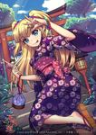 :p absurdres blonde_hair blue_eyes bracelet earrings feet furyou_michi_~gang_road~ geta highres japanese_clothes jewelry kimono long_hair looking_back mo_sheng_ren multiple_girls official_art original sandals shoe_dangle smile soles solo_focus tongue tongue_out torii twintails w yukata 