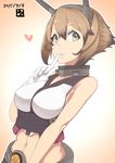  bare_shoulders breasts brown_hair dated gloves gradient gradient_background green_eyes headgear heart highres index_finger_raised kantai_collection large_breasts looking_at_viewer midriff mku mutsu_(kantai_collection) navel open_mouth short_hair solo upper_body white_gloves 