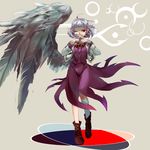  boots bow bowtie dress full_body highres kishin_sagume long_sleeves looking_at_viewer one_eye_closed potsuko purple_dress red_eyes short_hair silver_hair single_wing solo touhou vest wings 