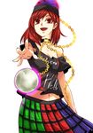  chain clothes_writing collar hecatia_lapislazuli highres kakao_(noise-111) moon multicolored multicolored_clothes multicolored_skirt navel off_shoulder open_hand open_mouth polos_crown print_shirt red_eyes red_hair shirt skirt solo touhou 