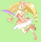  blonde_hair blue_eyes boots dress drill_hair harime_nui high_heel_boots high_heels kill_la_kill long_hair pink_dress simple_background solo strapless_dress twin_drills weapon 