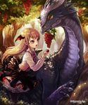  beth_(shingeki_no_bahamut) blonde_hair cygames dragon fantasy feeding food fruit happy head_wings long_hair mayoko_(sisqo_5003) petticoat plant pointy_ears red_eyes shingeki_no_bahamut skirt smile tree vampire vampy 