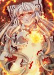  bow burnt_clothes fire from_below fujiwara_no_mokou hair_bow hair_ornament hair_ribbon long_hair long_sleeves looking_at_viewer looking_down midriff nana_(nightfell) navel open_mouth orange_eyes ribbon silver_hair solo touhou 