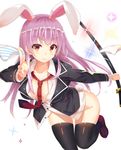  :3 animal_ears ashu black_legwear blazer bottomless breasts bunny_ears bunny_tail downblouse extra_ears highres jacket katana large_breasts long_hair long_sleeves looking_at_viewer loose_necktie necktie no_bra no_panties open_clothes open_shirt panties purple_hair red_eyes reisen_udongein_inaba shirt solo sparkle striped striped_panties sword tail thighhighs touhou underwear very_long_hair weapon 