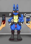  2015 animal_genitalia anthro balls blush canine canine_penis censored digitigrade disembodied_hand erection front_view hands_on_hips human ineffective_censorship inside knot looking_at_viewer lucario male mammal nintendo penis phone pok&eacute;mon pose recording red_eyes shy smile solo_focus spikes standing sweat video_games しぐれなひと 