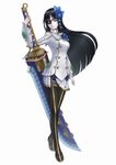  black_hair eyepatch flower green_eyes hair_flower hair_ornament nagisa_(psp2i) official_art pantyhose phantasy_star phantasy_star_portable_2 phantasy_star_portable_2_infinity pleated_skirt simple_background skirt solo sword weapon white_background 