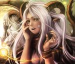  1girl black_nails collar facial_mark facial_marks female firemu_(p&amp;d) horns long_hair looking_at_viewer mirror nail_polish open_mouth puzzle_&amp;_dragons sho_(shoichi-kokubun) solo white_hair yellow_eyes 