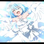 :d ^_^ alternate_costume bare_shoulders blue_hair blush breasts bridal_veil cirno closed_eyes collarbone commentary_request corsage crying do_(4-rt) dress fang gloves happy_tears incoming_hug letterboxed open_mouth short_hair small_breasts smile solo tears touhou veil wedding_dress white_gloves 