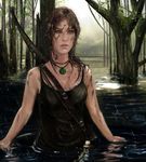  1girl blood bow bow_(weapon) brown_eyes brown_hair dirty lara_croft long_hair necklace rain sky solo tank_top tomb_raider tree water weapon wet 