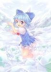  1girl bloomers blue_eyes blue_hair blue_sky blush cirno dress dunceneygak fang frog frozen frozen_frog full_body hair_ornament hair_ribbon highres ice ice_wings kneeling looking_at_viewer open_mouth puffy_sleeves ribbon short_hair short_sleeves sky smile snowflakes socks solo sparkle symbol-shaped_pupils touhou tree underwear white_legwear wings 