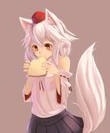  absurdres animal_ears blush brown_background detached_sleeves eating food hat highres inubashiri_momiji pom_pom_(clothes) red_eyes ribbon-trimmed_sleeves ribbon_trim shiro_ami short_hair silver_hair simple_background smile solo tail tokin_hat touhou wolf_ears wolf_tail 