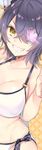  :d bikini breasts cleavage eyepatch kaguyuzu kantai_collection large_breasts open_mouth purple_hair short_hair side-tie_bikini smile solo swimsuit tenryuu_(kantai_collection) yellow_eyes 