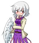  bad_id bad_pixiv_id belt blush bow bowtie collared_shirt dress feathered_wings flustered hand_on_own_chin jacket katsumi5o kishin_sagume nervous open_mouth red_eyes shirt short_hair silver_hair single_wing solo sweat thinking touhou wings 