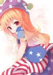  american_flag_dress american_flag_legwear ass beni_shake blonde_hair clownpiece fairy_wings hat jester_cap long_hair looking_at_viewer open_mouth pantyhose red_eyes solo touhou very_long_hair wings 