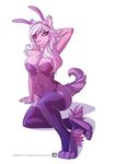  2015 anastasya animal_humanoid bustier clothing costume ear_piercing female hair humanoid hyena lagomorph legwear mammal piercing pink_eyes purple_clothing rabbit rabbit_humanoid simple_background sitting stockings twilight-goddess white_hair 