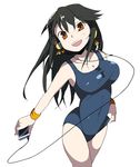  1girl black_hair collarbone earrings female happy headphones hoshizora_kogane jewelry long_hair one-piece_swimsuit open_mouth orange_eyes phone ring_dream school_swimsuit simple_background smile solo star_(symbol) swimsuit tori0714 white_background 