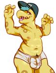  baseball_cap briefs bulge clothing digital_media_(artwork) front_view gecko glitter_trap_boy hat lizard looking_at_viewer male navel nipples open_mouth pubes raised_arm reptile scalie standing tongue tongue_out underwear 